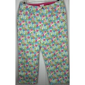 100% Cotton Spring Flower Fun Crop Pants Blue Green Pink Size 8 Nature Comfort
